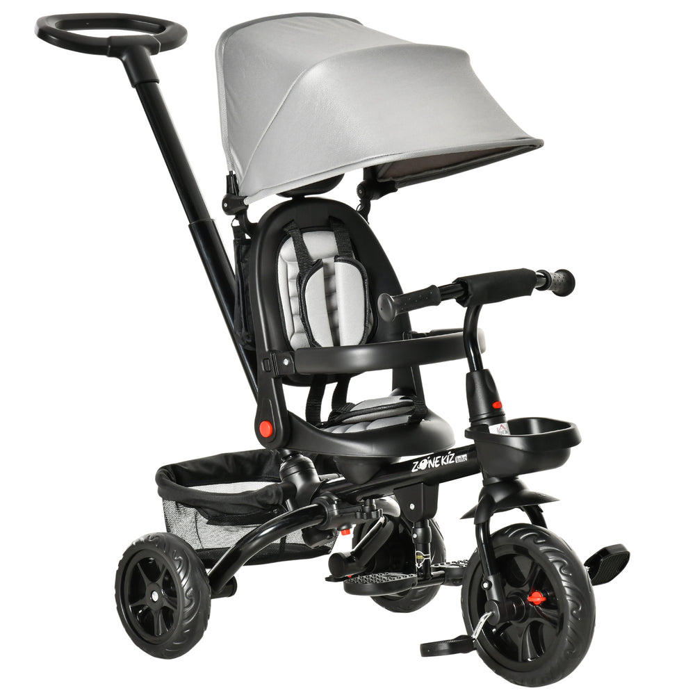 Tricycle 4 en 1 avec siège réglable et réversible, auvent et ceinture, gris