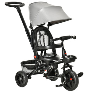 Tricycle 4 en 1 avec siège réglable et réversible, auvent et ceinture, gris