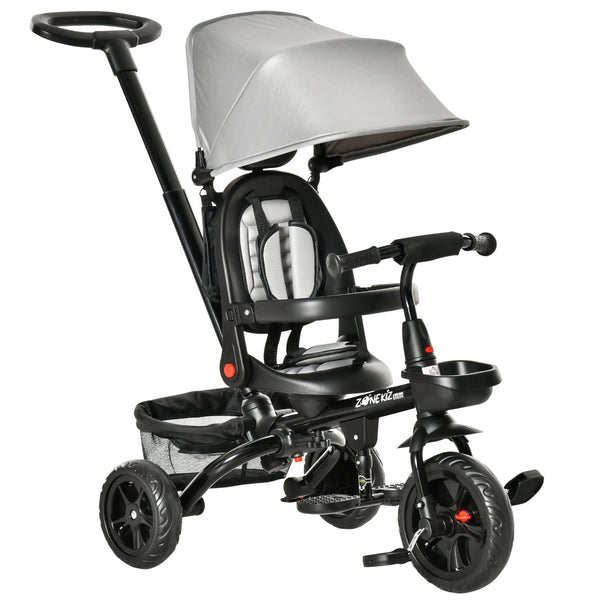 Tricycle 4 en 1 avec siège réglable et réversible, auvent et ceinture, gris