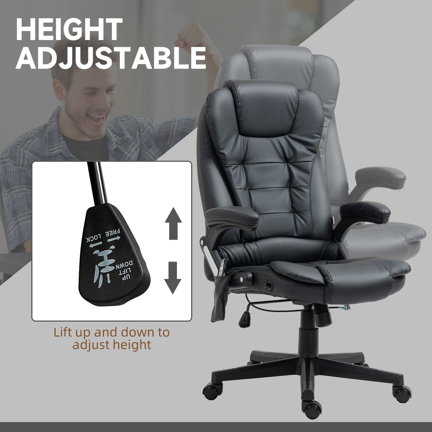 Massage and heated office chair, reclining, swivel, adjustable, in leather, black