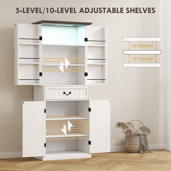 Country style storage unit with door shelves and LEDs, aged white