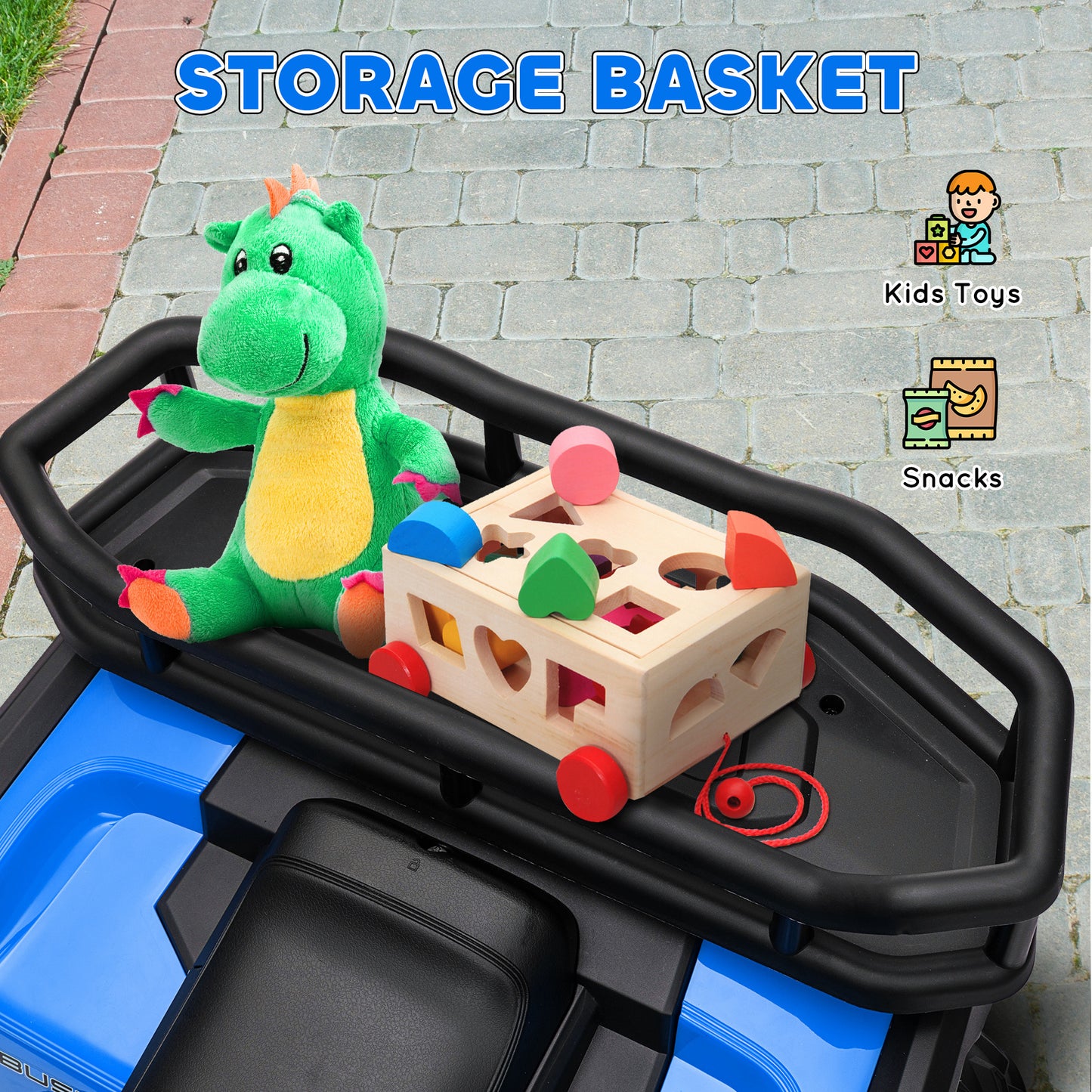 VTT pour enfants, jouet électrique à batterie 12 V avec suspension à ressort, panier de rangement, vitesse élevée et faible, bleu