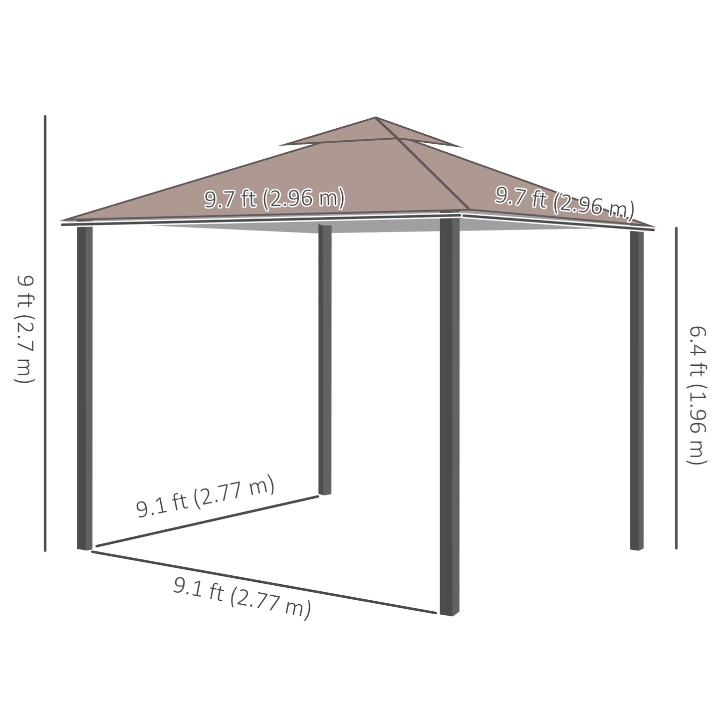 Gazebo d'extérieur 10' x 10' double toit souple avec rideaux et moustiquaires, marron