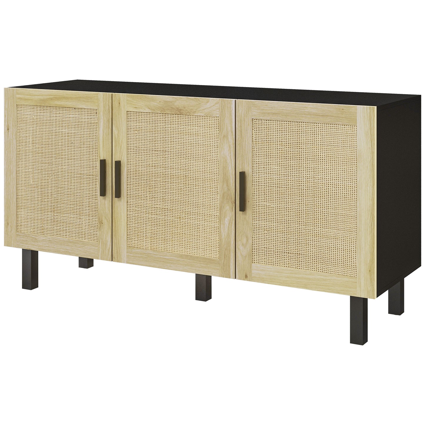 Boho Sideboard with 3 Rattan Doors, Kitchen Cabinet with Adjustable Shelves, Black and Natural