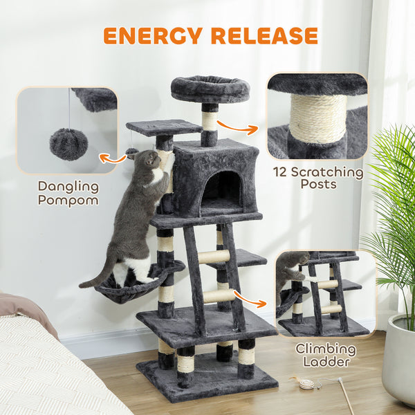 Grand arbre à chat de 132 cm pour chats d'intérieur, gris foncé