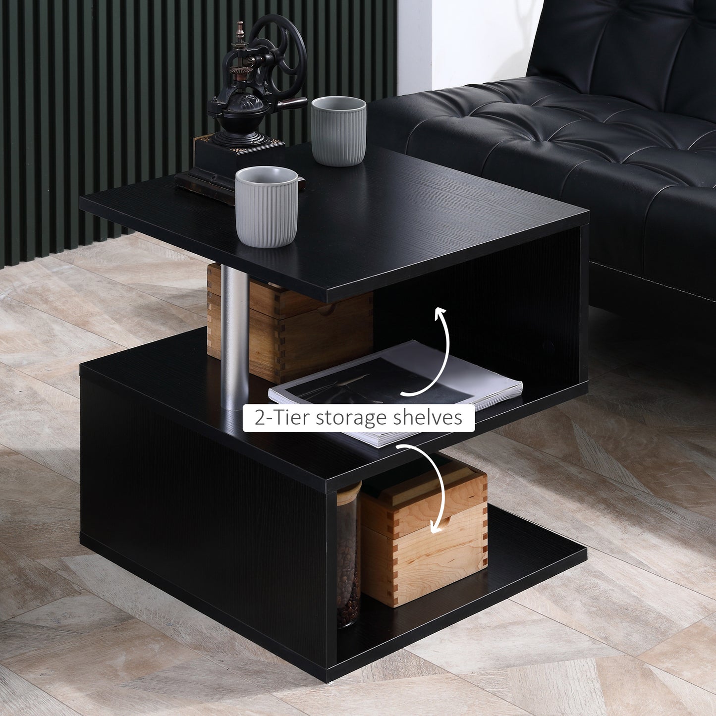 Table d'appoint en bois en forme de S avec 3 étagères de rangement, noir