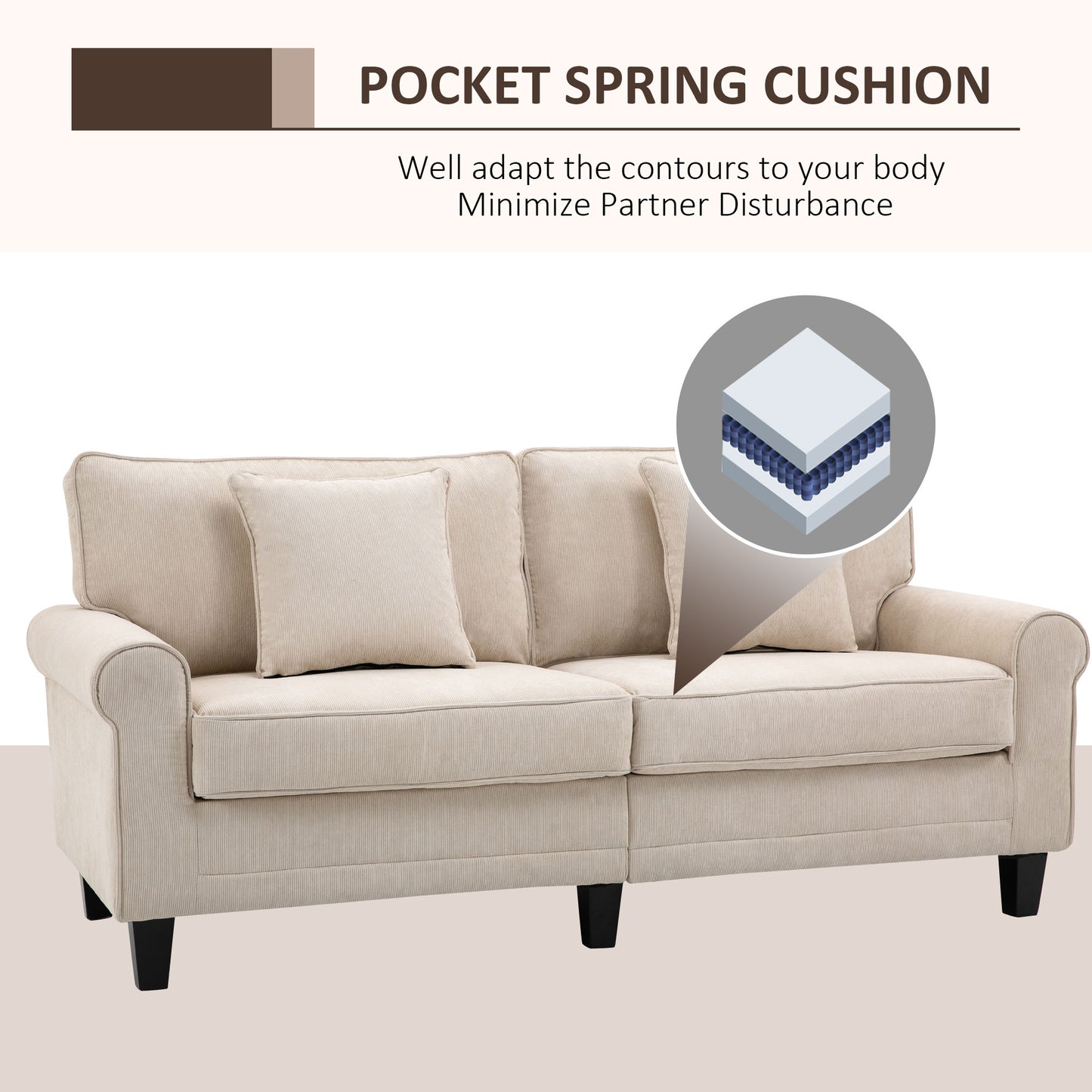 HOMCOM Modern 3-seater sofa, corduroy fabric, pine legs and rolled armrests, beige