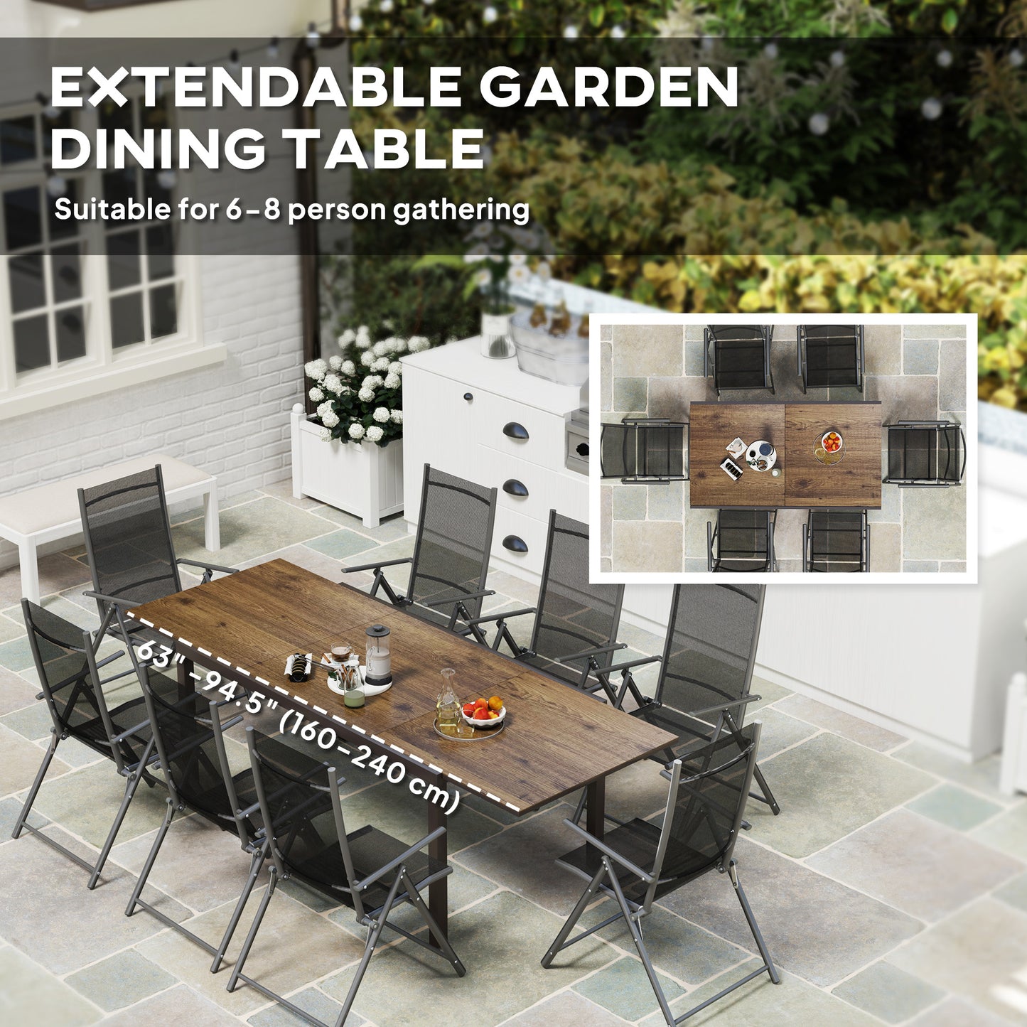 Table à manger extensible pour 6 à 8 personnes, avec bordure en aluminium et cadre en acier, marron