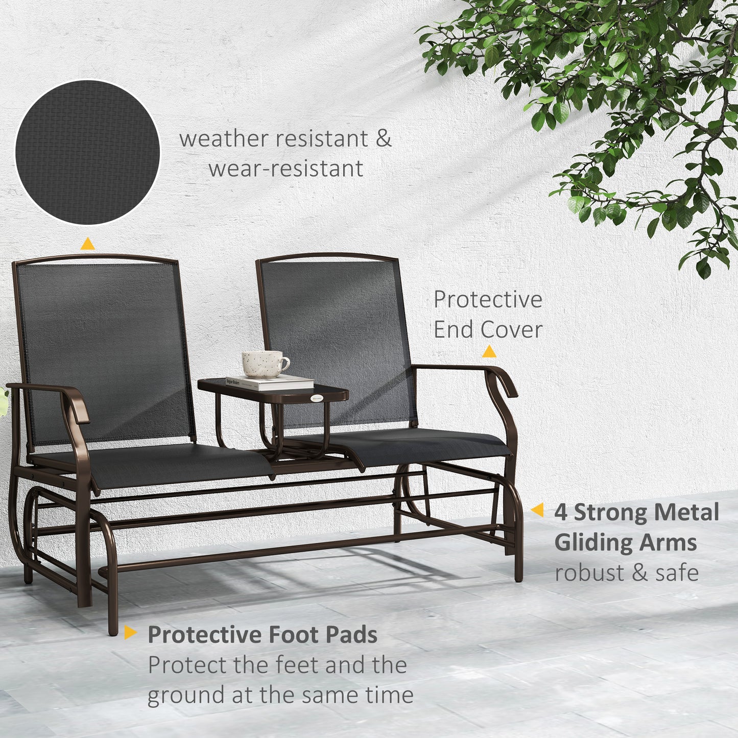Outsunny Patio Rocking Chair, 2 Person Outdoor Loveseat, Garden Bench, Black