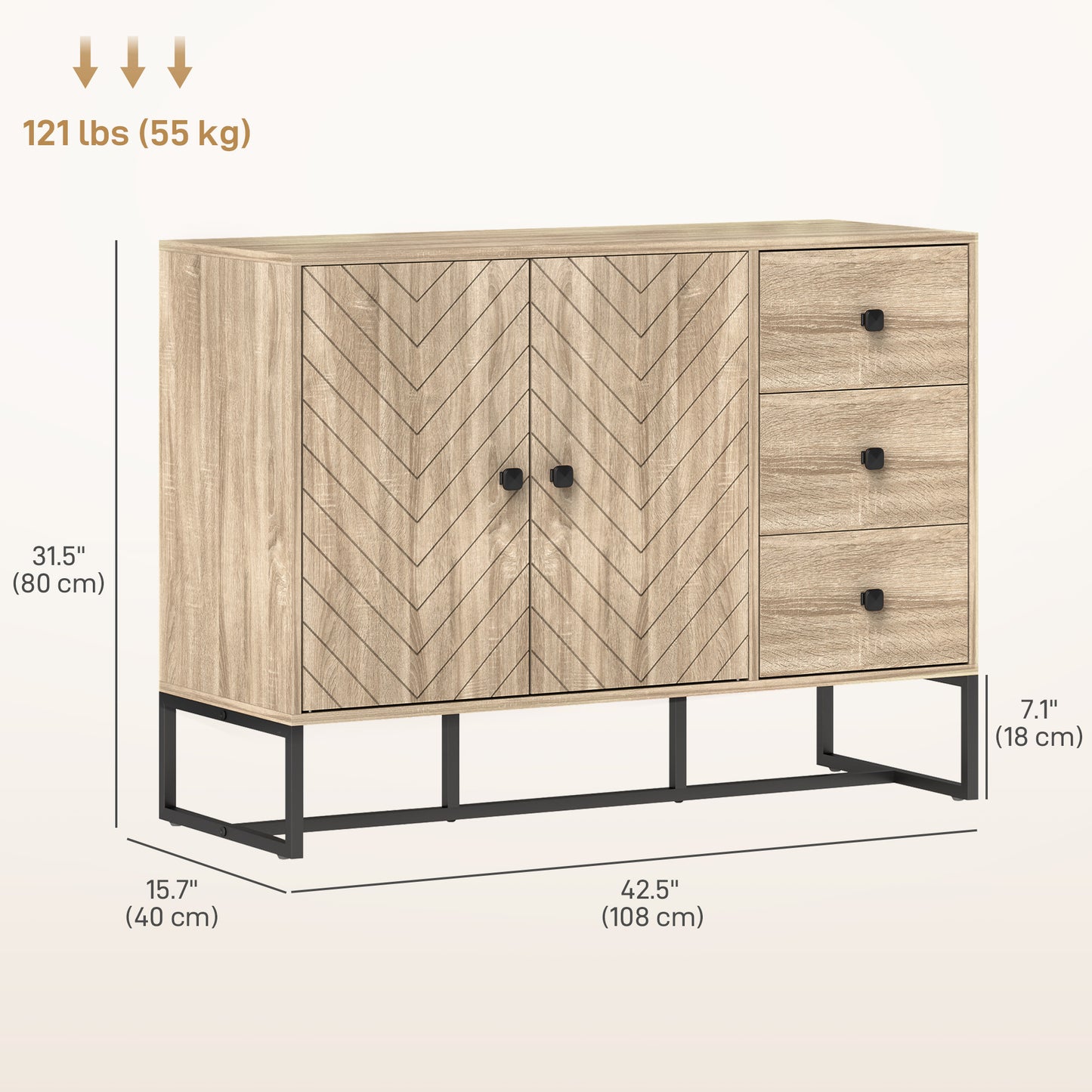 Buffet moderne, 108 cm, étagères réglables et 3 tiroirs, meuble bar à café avec 2 portes, chêne