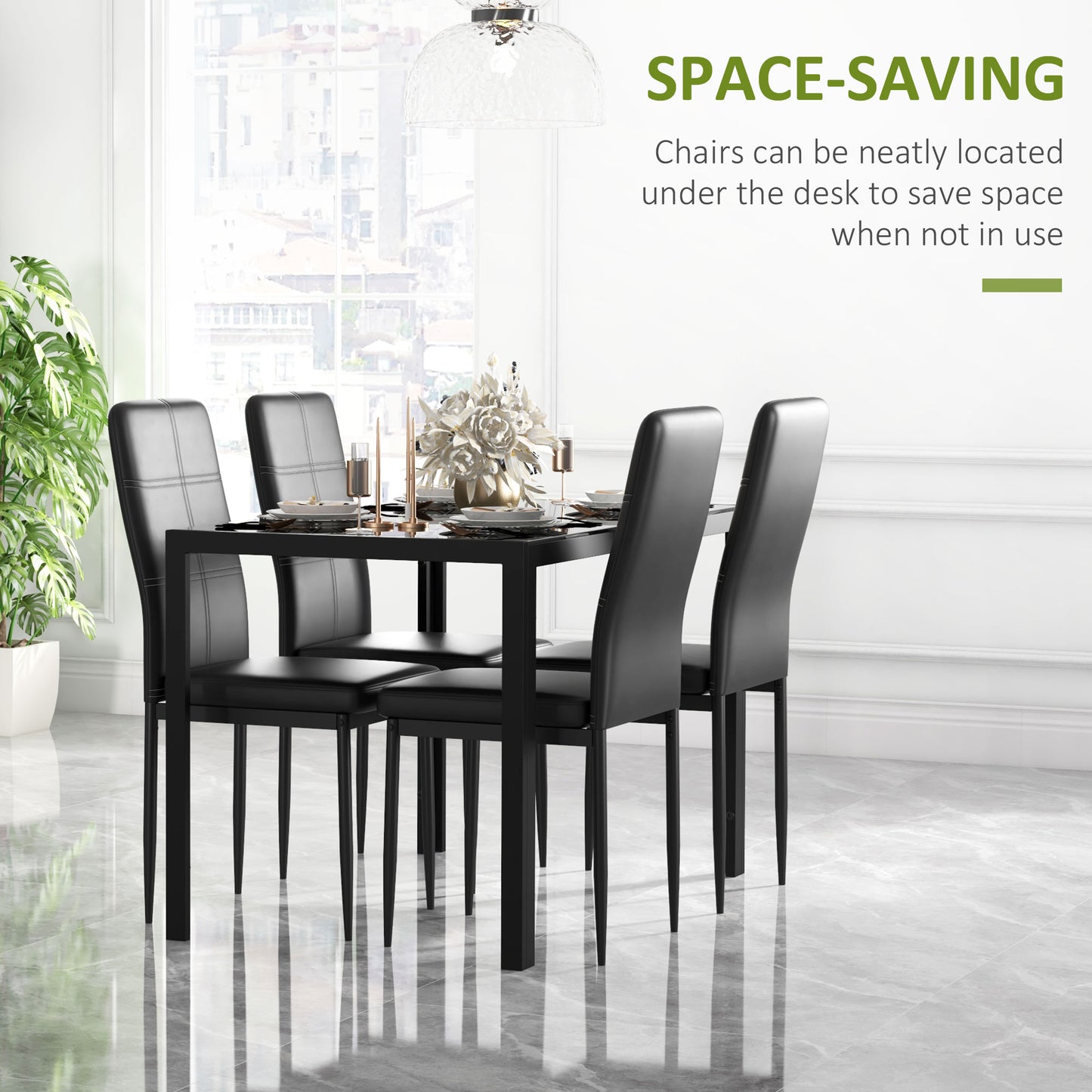 HOMCOM 5 Piece Rectangular Glass Kitchen Table and Chair Set with Metal Frame and Faux Leather Upholstery for Dining Room, Black