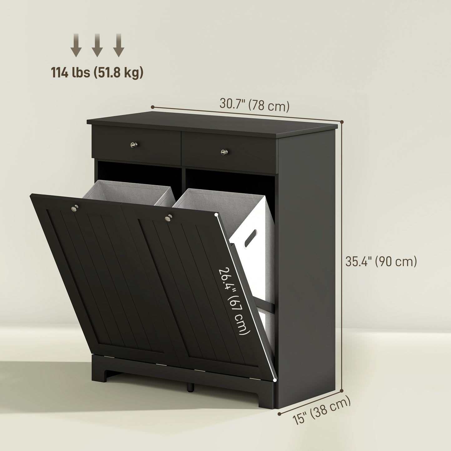 Tilting laundry basket cabinet with 2 baskets and 2 drawers, black