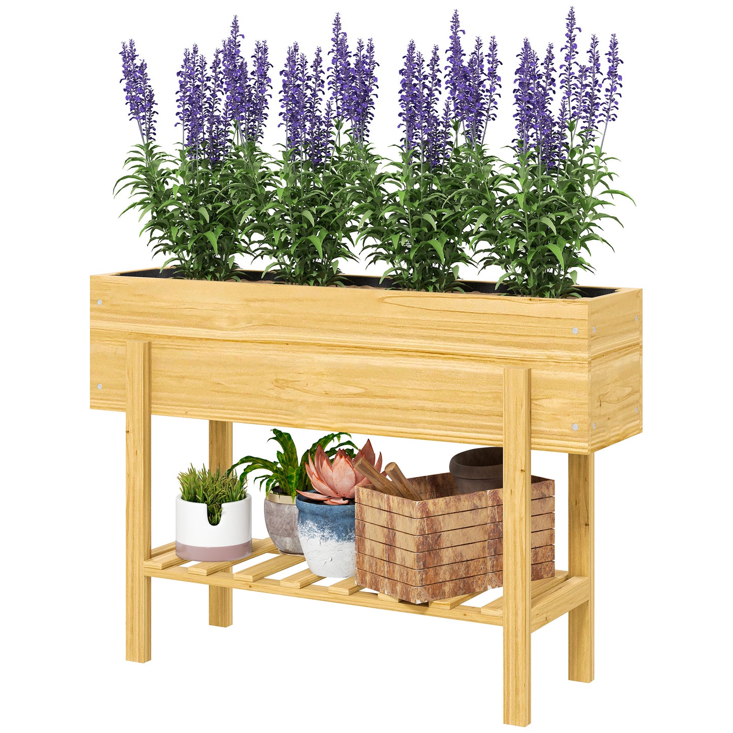 Outsunny Raised Bed with Legs, Raised Planter with Storage Shelf, Garden Deck Covering, Natural Wood