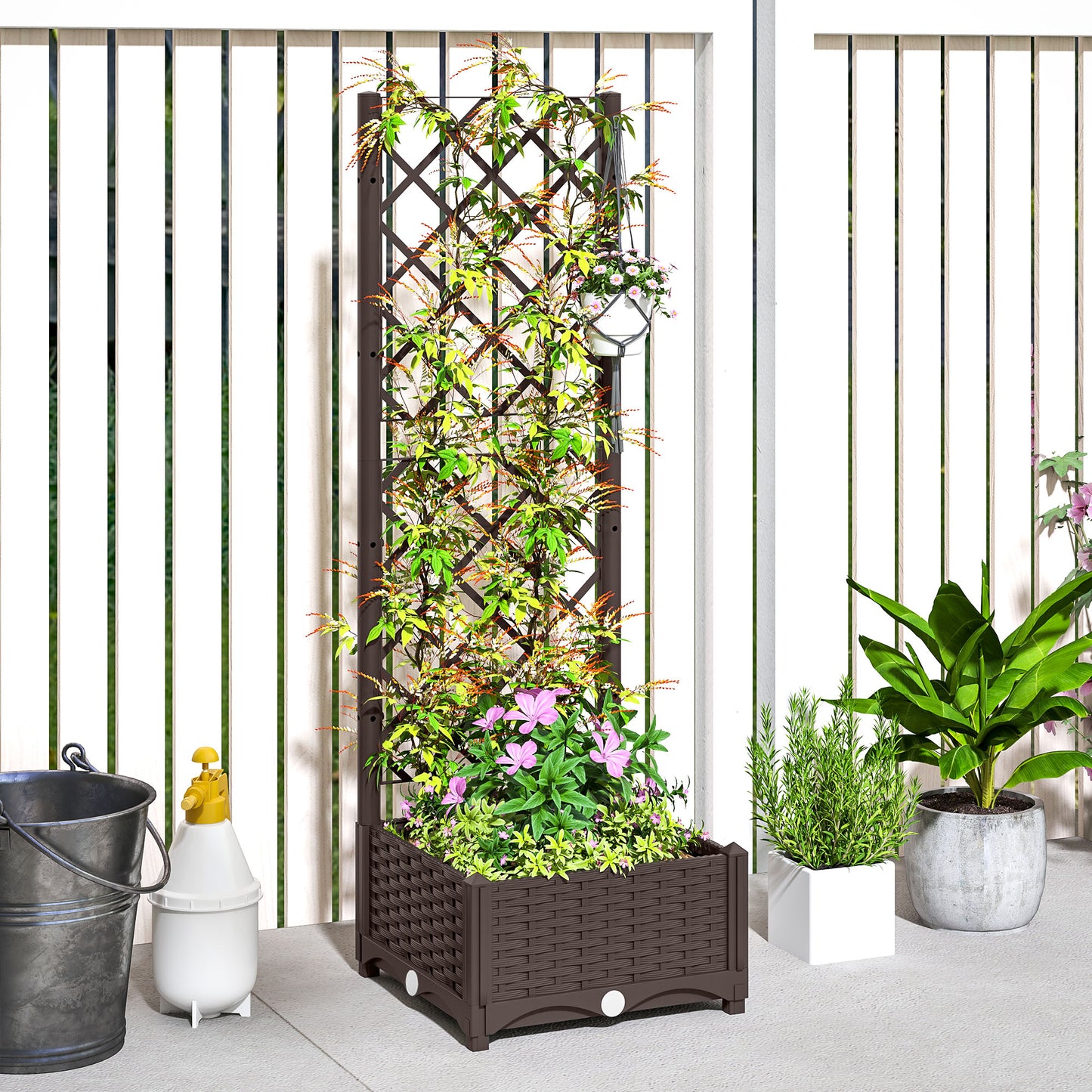 Outsunny Raised Garden Bed with Trellis, Plastic Raised Bed with Drainage Holes and Drainage Plugs, 16 x 16 x 48 in