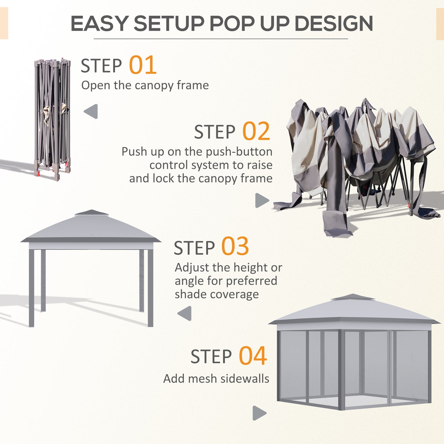 Gazebo pliant 11' x 11', tente pliable à double toit avec parois latérales en maille zippée, hauteur réglable et sac de transport, gris