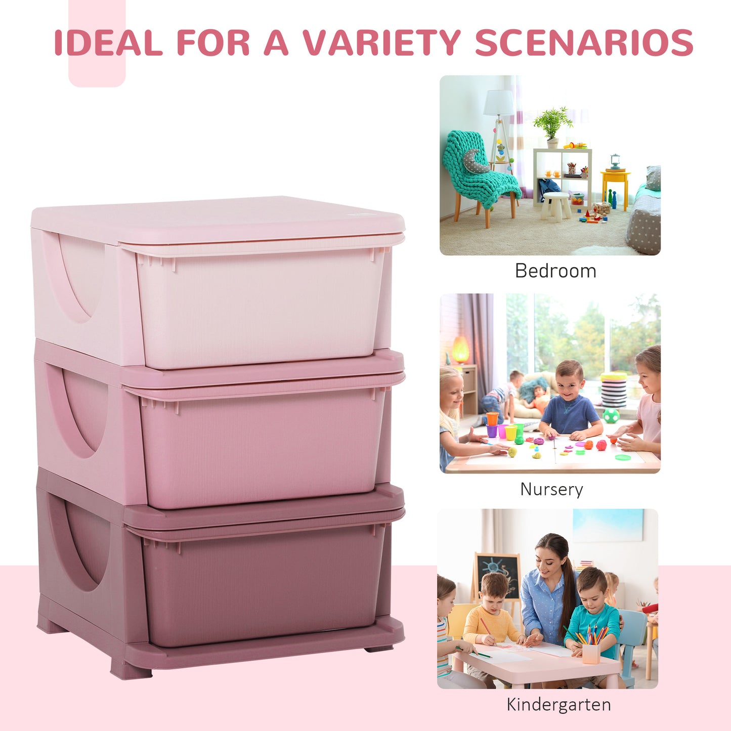 Organiseur de jouets pour enfants à 3 tiroirs en plastique, rose