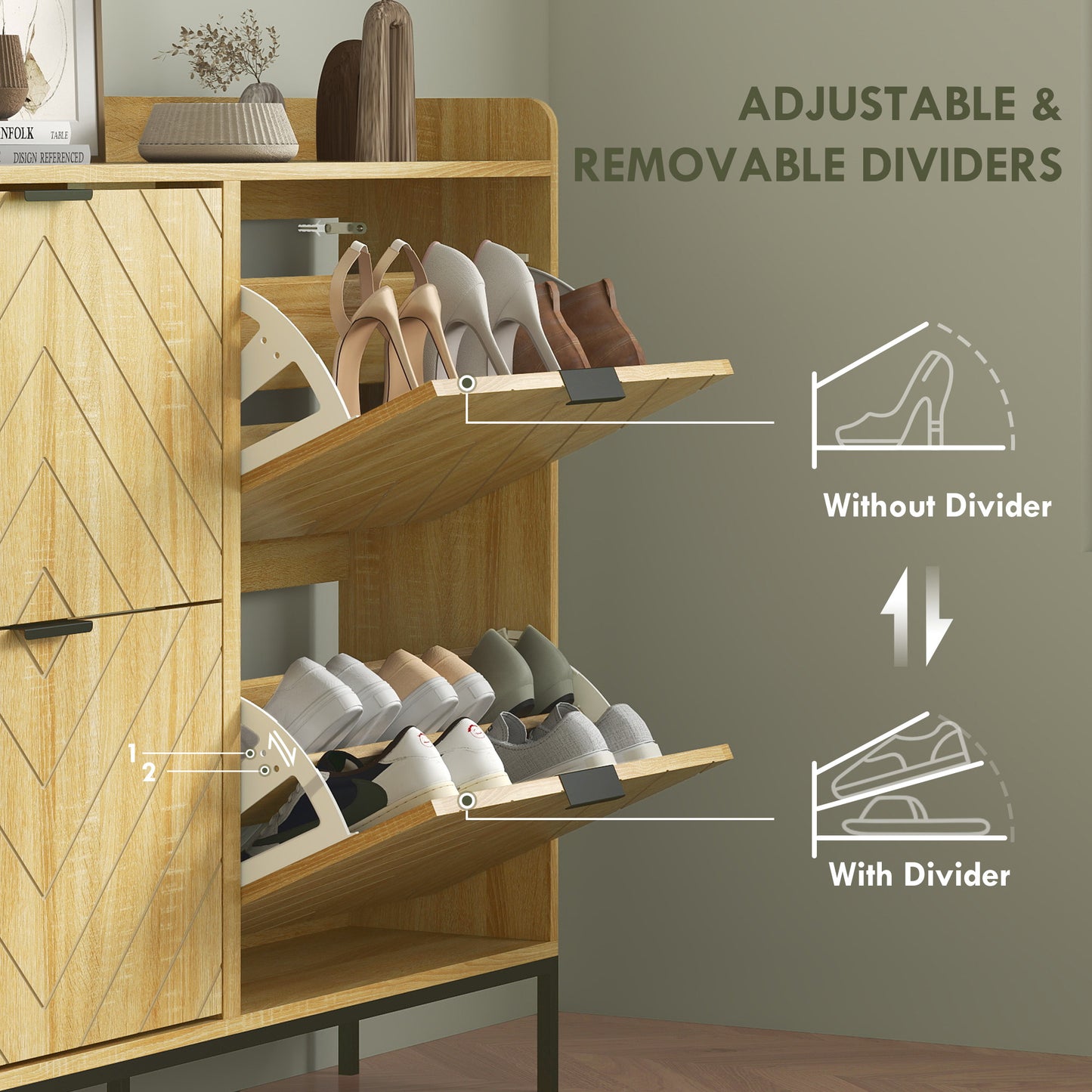 Meuble à chaussures moderne et fin avec 4 tiroirs rabattables, 16 paires de chaussures, chêne