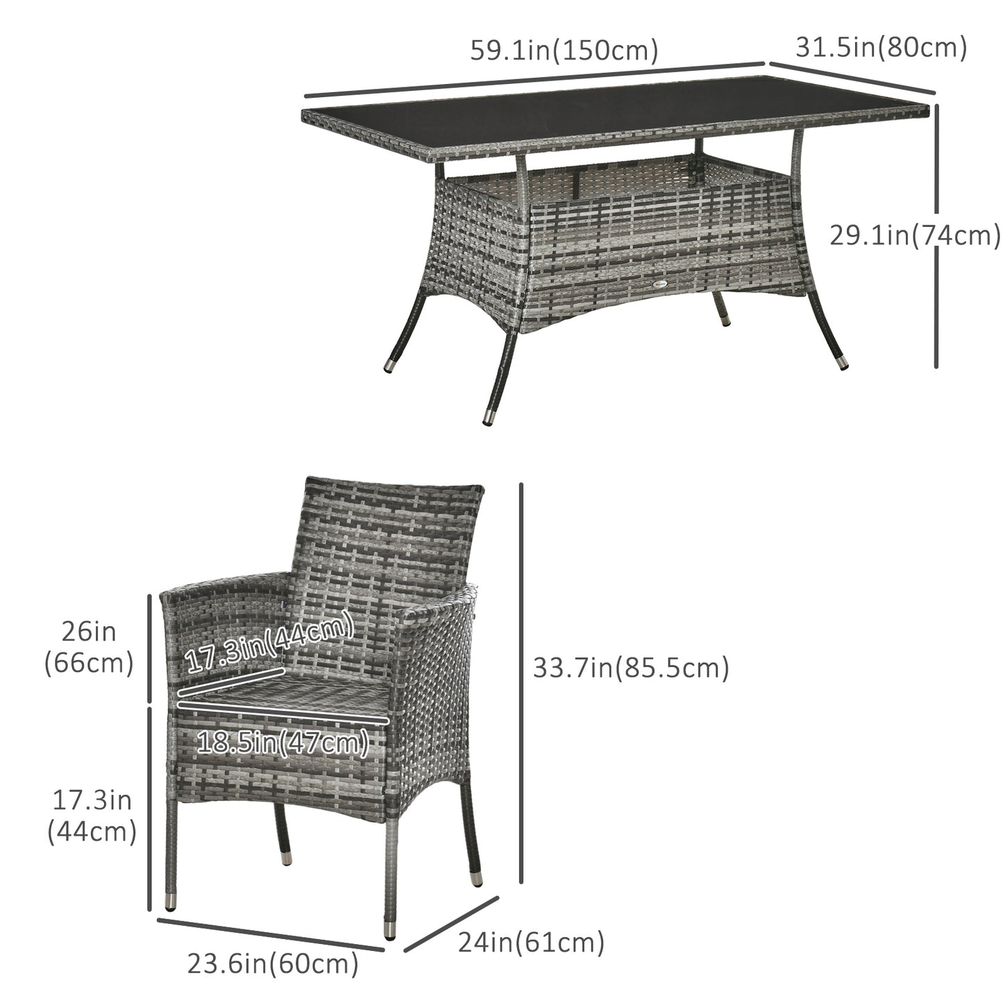 7 Piece Rattan Dining Set with Cushions, Grey