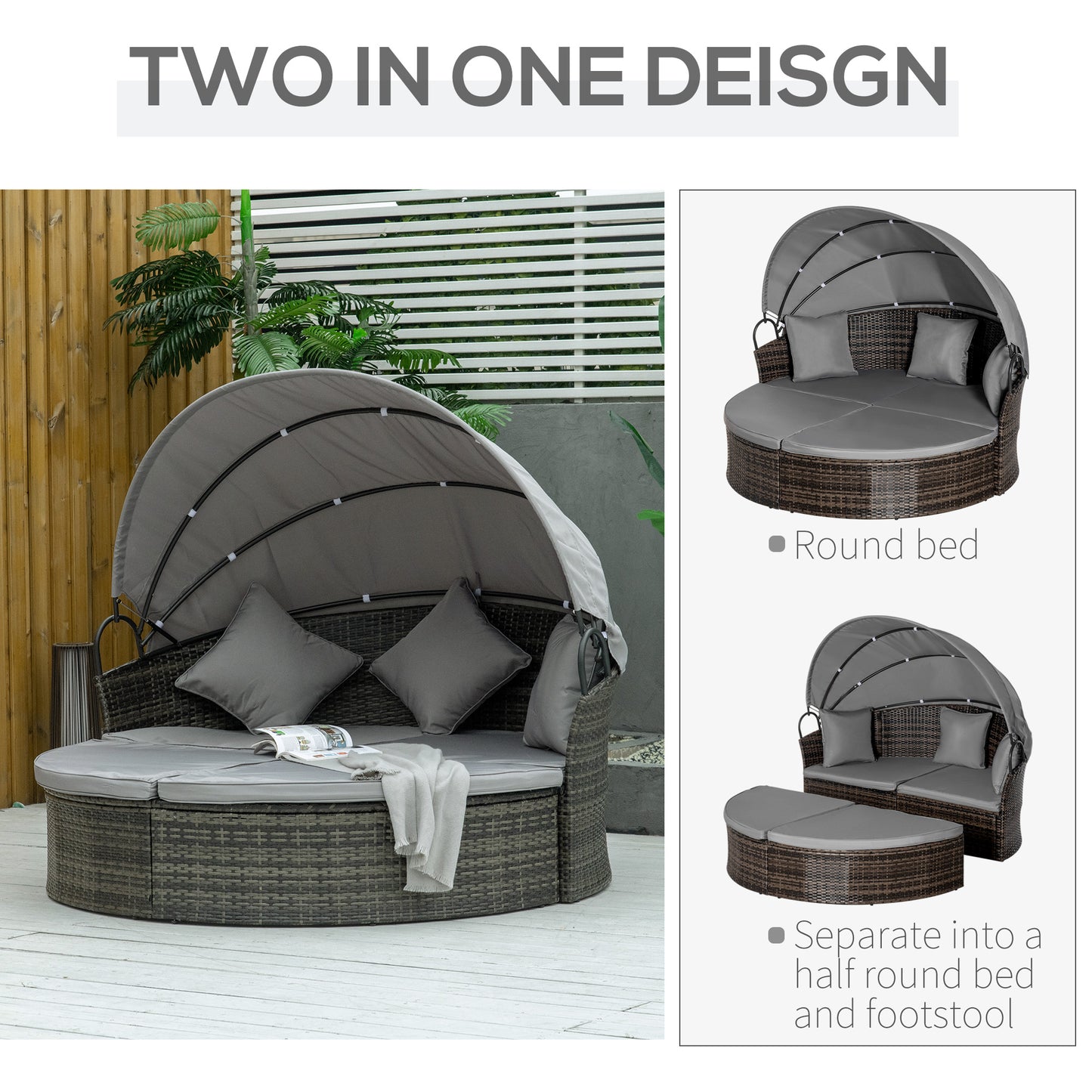 Outsunny 2-Piece Outdoor Rattan Chaise Lounge with Retractable Canopy, Round Wicker Sun Lounger Set with Cushions and Pillows, Grey Mix