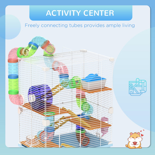 Cage pour hamster portable 5 niveaux avec roues d'exercice, tube de jeu, bouteille d'eau, gamelle, échelle pour gerbilles, bleu clair