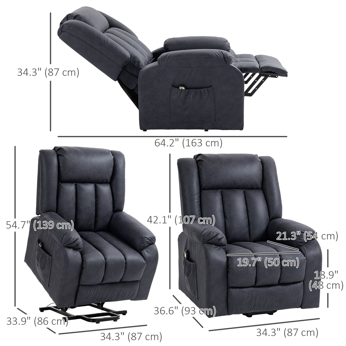 Fauteuil releveur pour seniors, fauteuil inclinable électrique en microfibre avec télécommande, montage rapide, gris anthracite