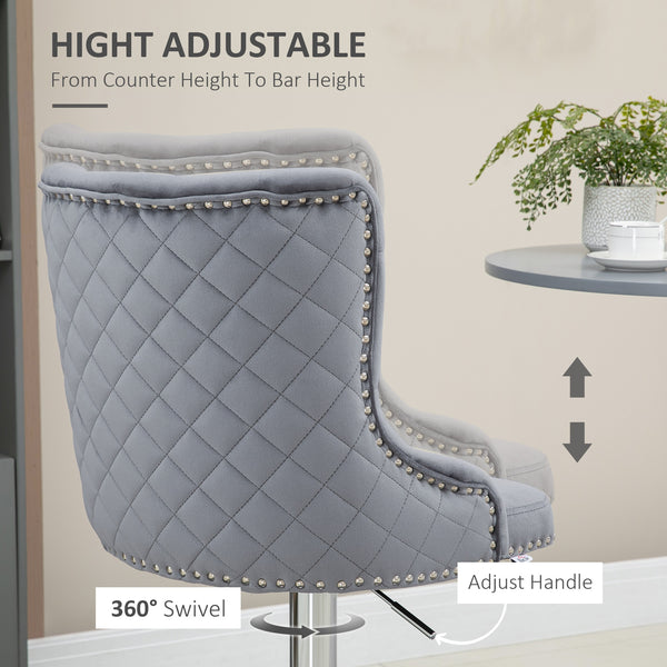 Set of 2 Modern Adjustable Bar Stools, Velvet, Counter Height, Tufted Back, Footrest, Grey