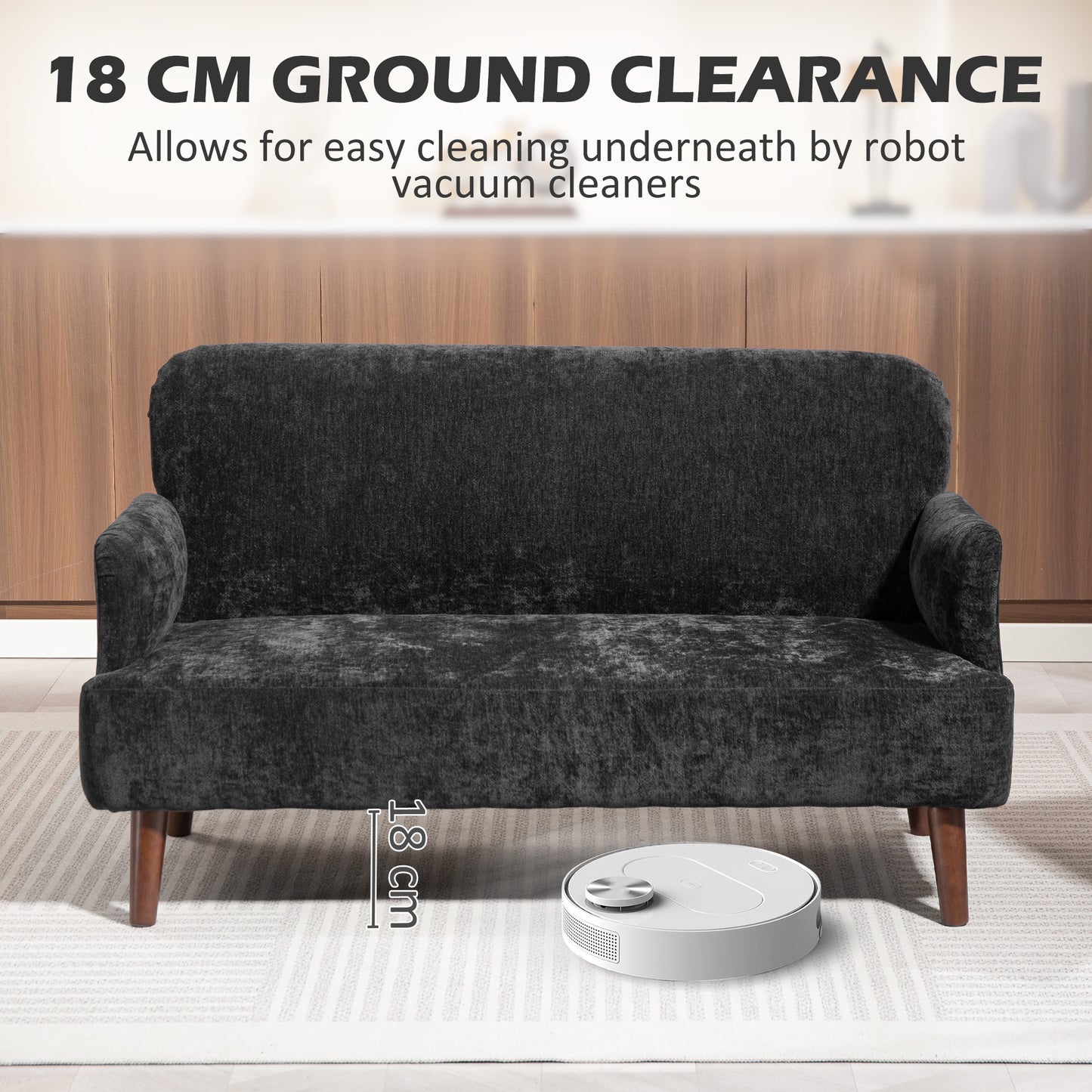 HOMCOM 2-seater sofa in velvet fabric, small loveseat sofa with 21 cm thick padding and wooden legs, black