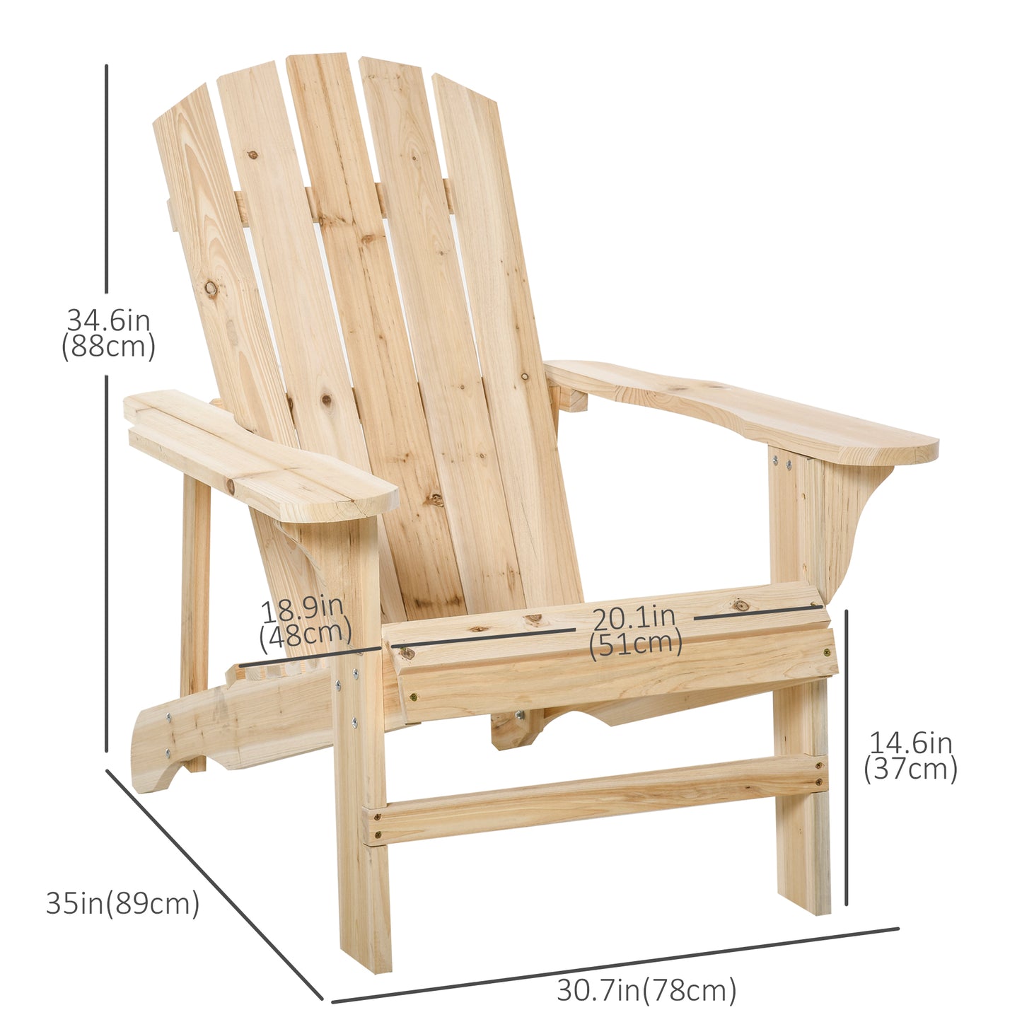 Chaise Adirondack en bois , chaise d'extérieur Muskoka à lattes, couleur naturelle