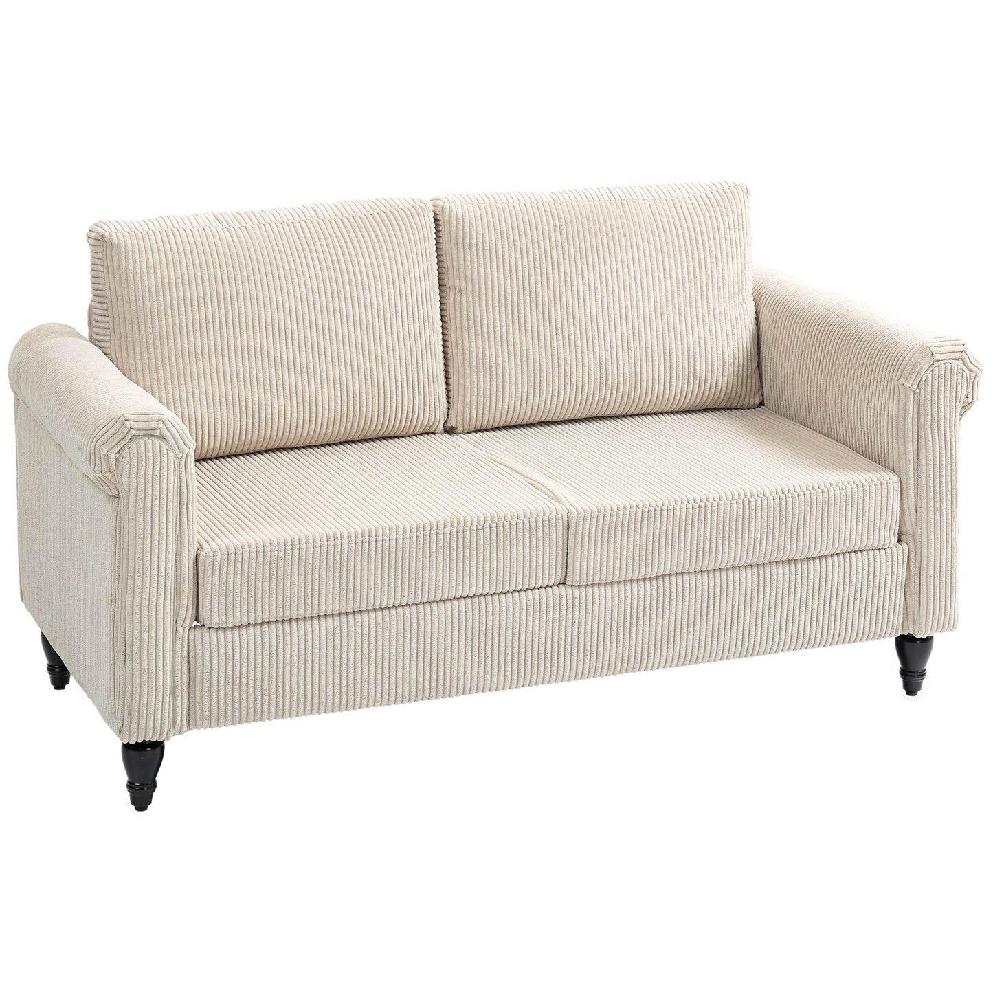 Canapé 2 places vintage avec accoudoirs roulés et pieds en bois d'hévéa, beige