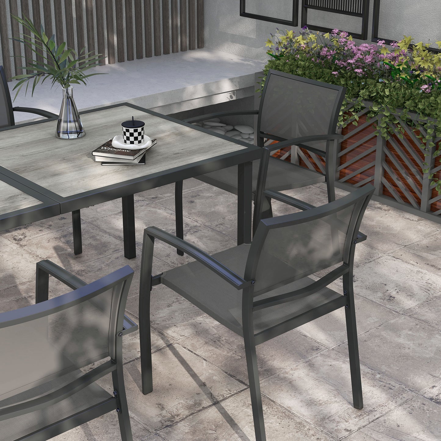 Outsunny 7 Piece Outdoor Dining Set with 6 Stackable Chairs, Patio Table and Chairs with Plastic Top and Breathable Mesh Backrest