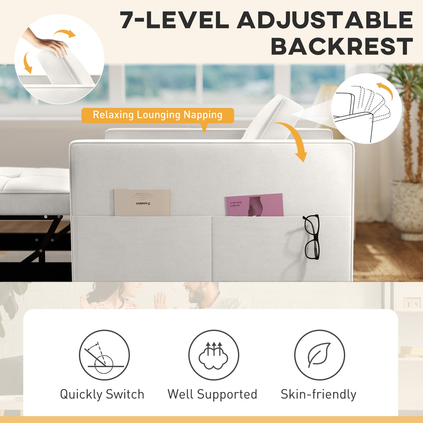 Fauteuils-lits avec port USB, dossier réglable en velours, blanc crème