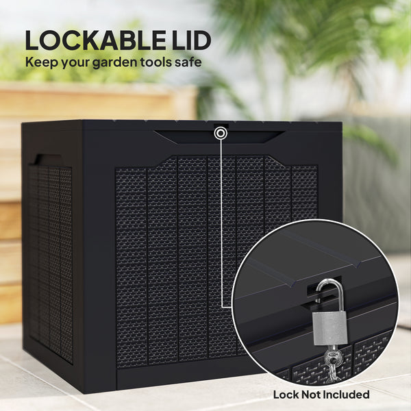 Coffre de rangement extérieur en résine avec poignées, étanche et résistant aux UV.