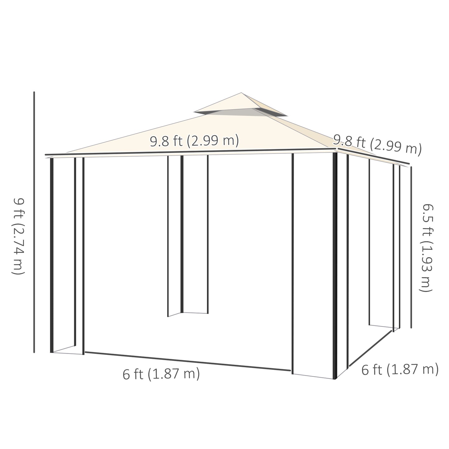 Gazebo de terrasse 10'x10' à toit souple avec toit à deux niveaux, rideaux en maille, étagères de présentation, crochets supérieurs, couleur crème