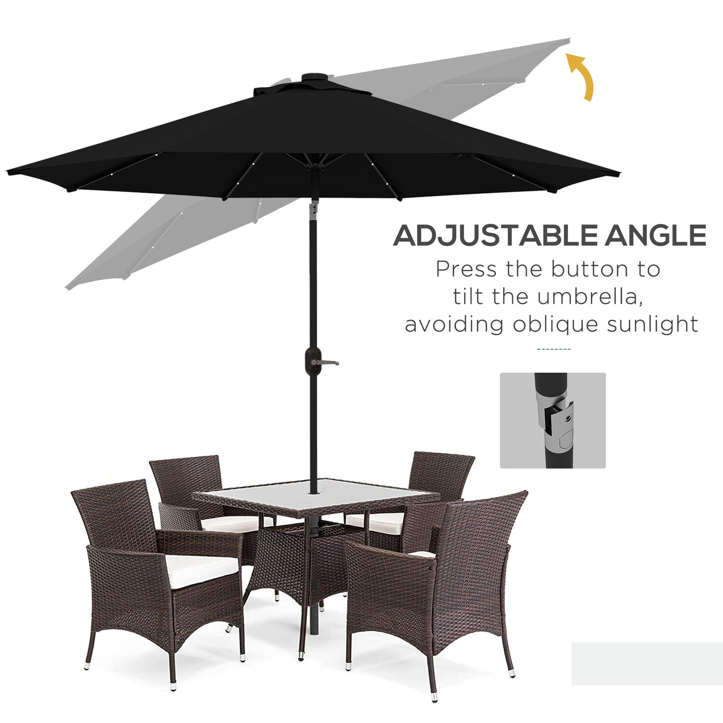 Parasol solaire d'extérieur de 9 pieds, 24 LED, toit inclinable, noir