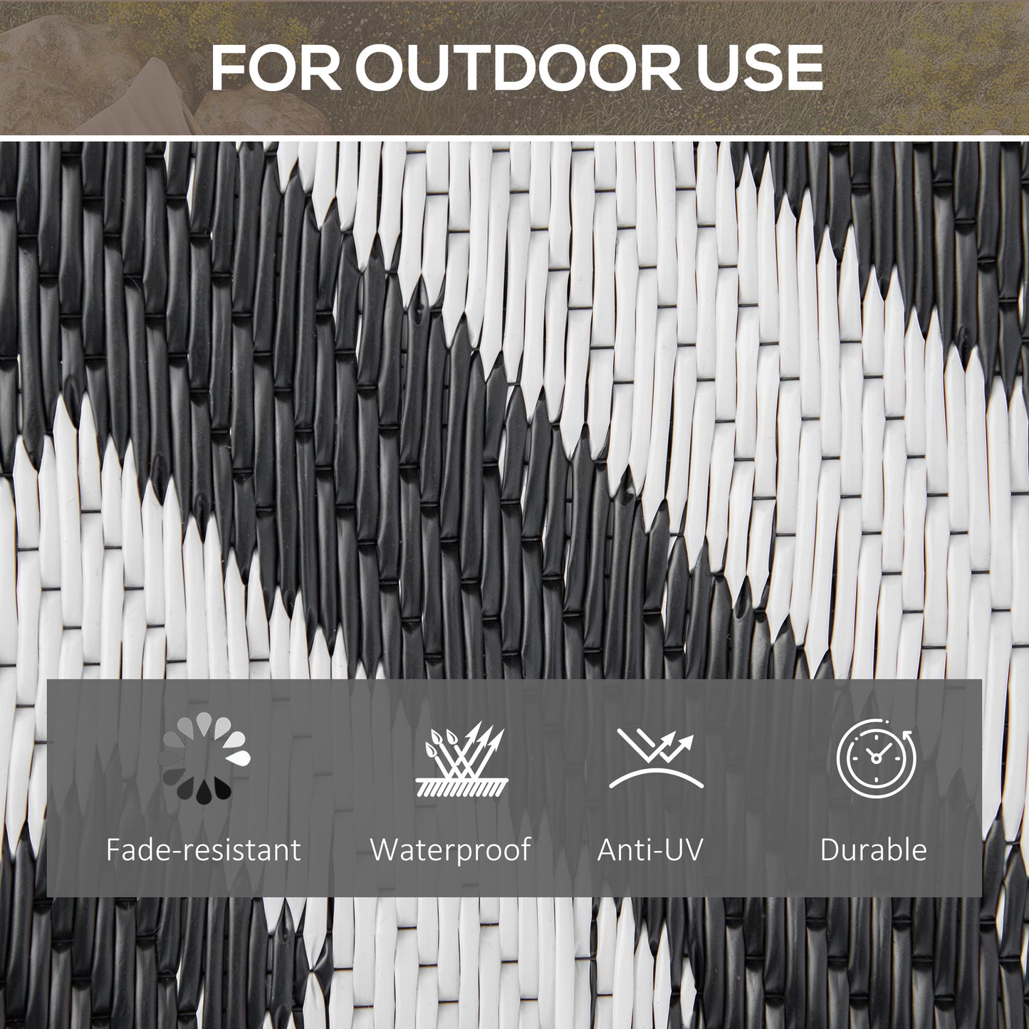 Reversible Outdoor Patio Rug, 1.5 x 2.4m Plastic Straw Mat for Garden, Patio, Beach, Camping, Black and White