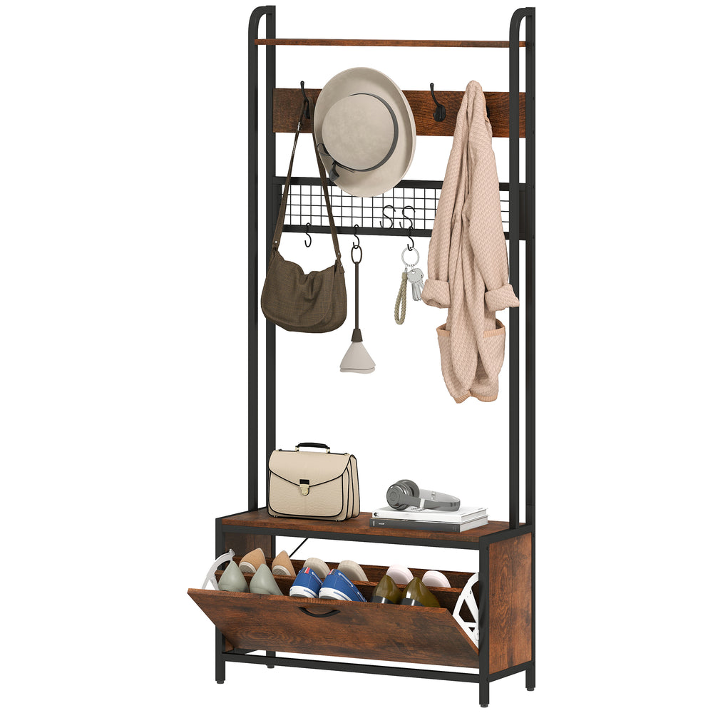 5-in-1 Coat Rack with Bench, Shoe Rack, 10 Hooks, Rustic Brown
