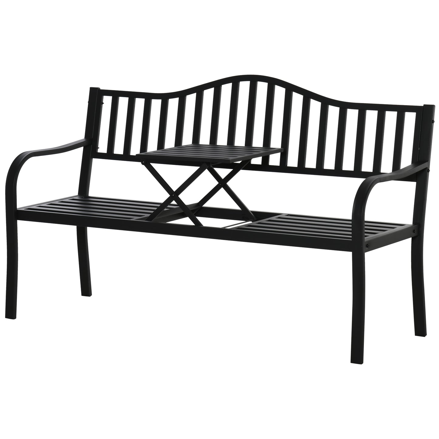 Banc d'extérieur en métal avec table centrale relevable pour 2 à 3 personnes, noir