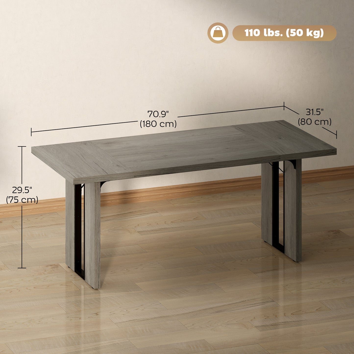 Table de cuisine industrielle pour 8 personnes avec plateau épais, finition bois gris