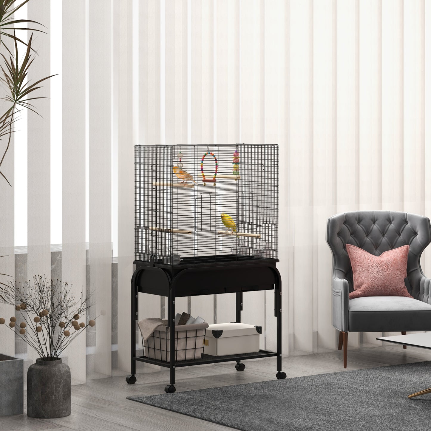 Cage à oiseaux pour perruches, canaris, pinsons, inséparables, perruches, avec support roulant, jouets, noir