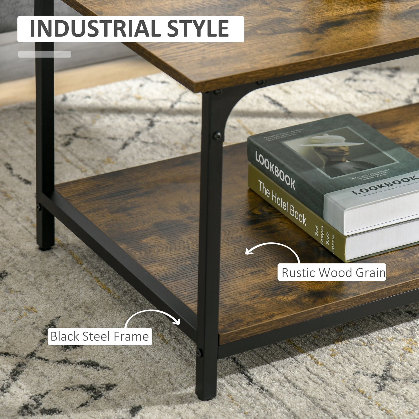 Table basse industrielle avec étagère de rangement pour salon, marron rustique