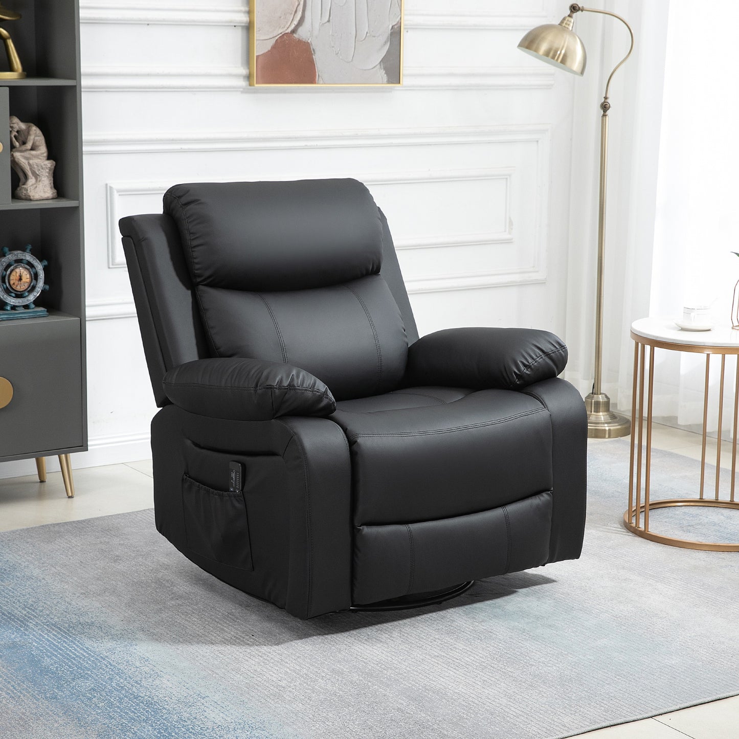 Fauteuil inclinable en cuir synthétique avec massage par vibration, base pivotante, fonction bascule, télécommande, noir