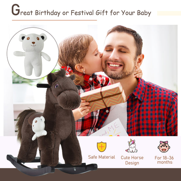 Cheval à bascule en peluche avec ours en peluche, marron et blanc