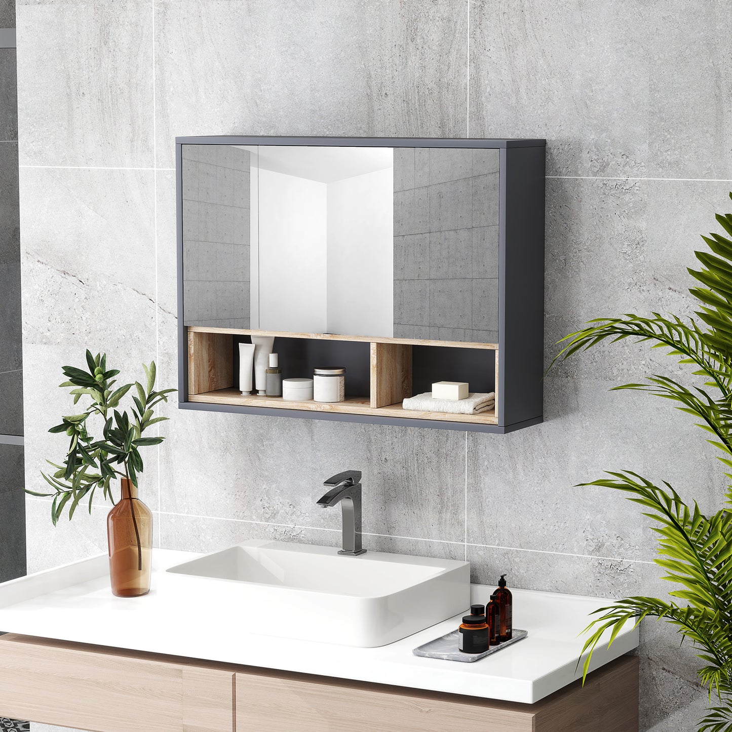 Armoire à pharmacie murale avec miroir et étagères, gris