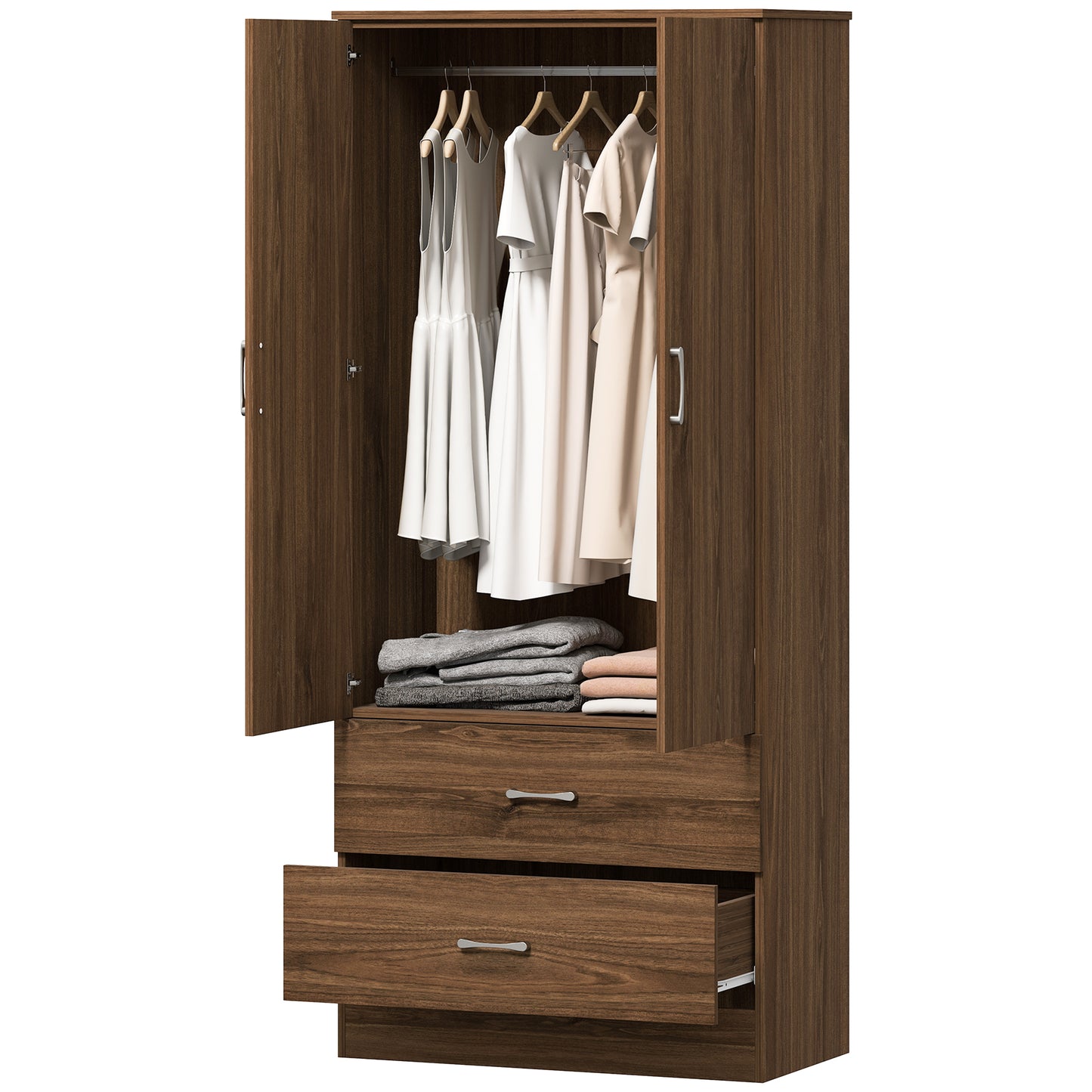 Wardrobe with hanging rod and 2 doors with 2 drawers, walnut
