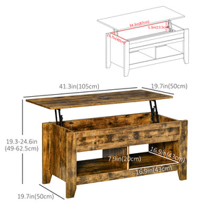 Table basse relevable avec compartiment de rangement dissimulé et étagères ouvertes, marron