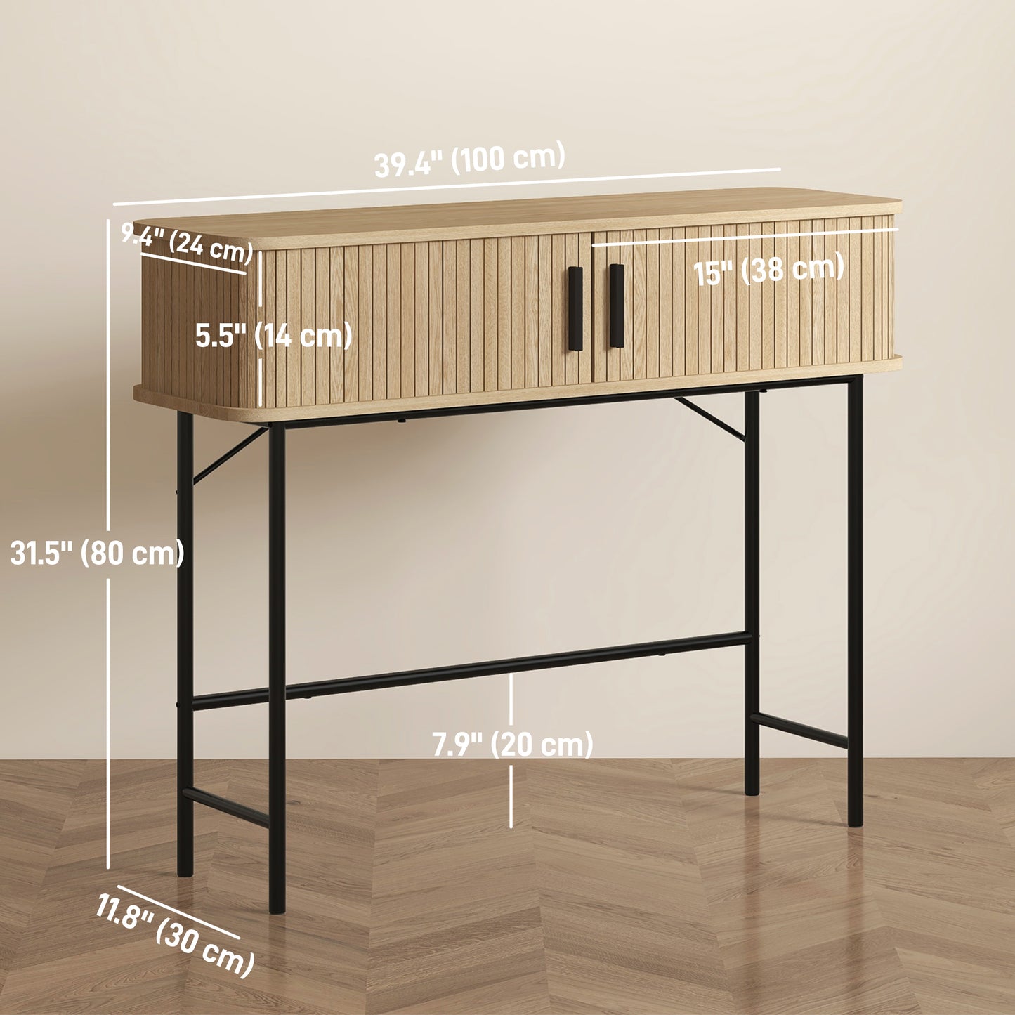 Console étroite avec portes coulissantes à lattes et pieds en acier, chêne et noir
