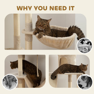 Large 206cm Cat Tree with Scratching Posts, Cabins, Beds, Hammocks, Beige