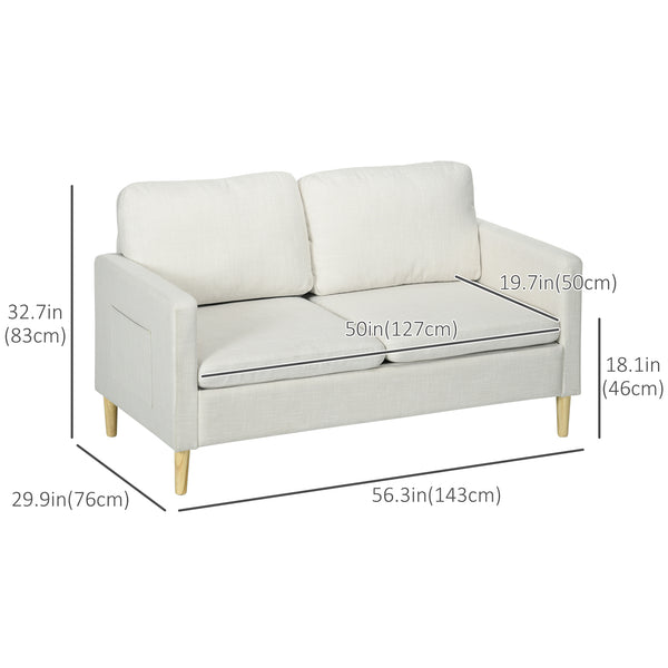 Modern upholstered two seater sofa with side pockets, white
