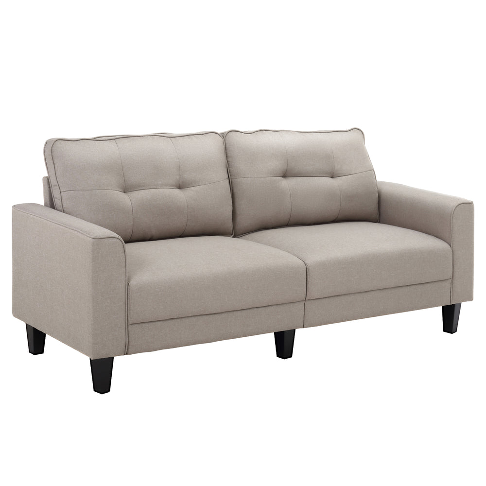 Canapé 3 places en lin avec assise rembourrée et pieds en bois, beige