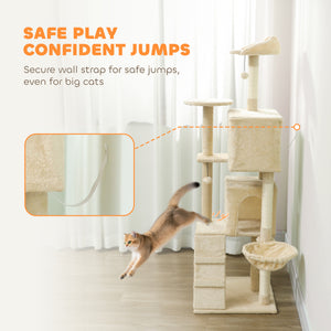 Arbre à chat de 160 cm avec griffoirs, cabanes, perchoirs moelleux, hamac, échelle, beige